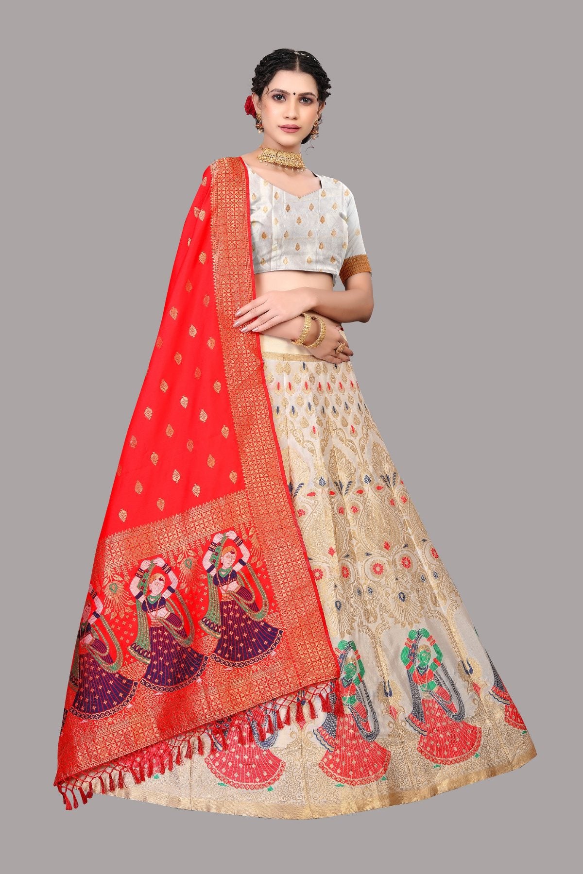 Jyoti Fashion Women's White Jacquard Zari Woven Designer Lehenga Choli Set - Distacart