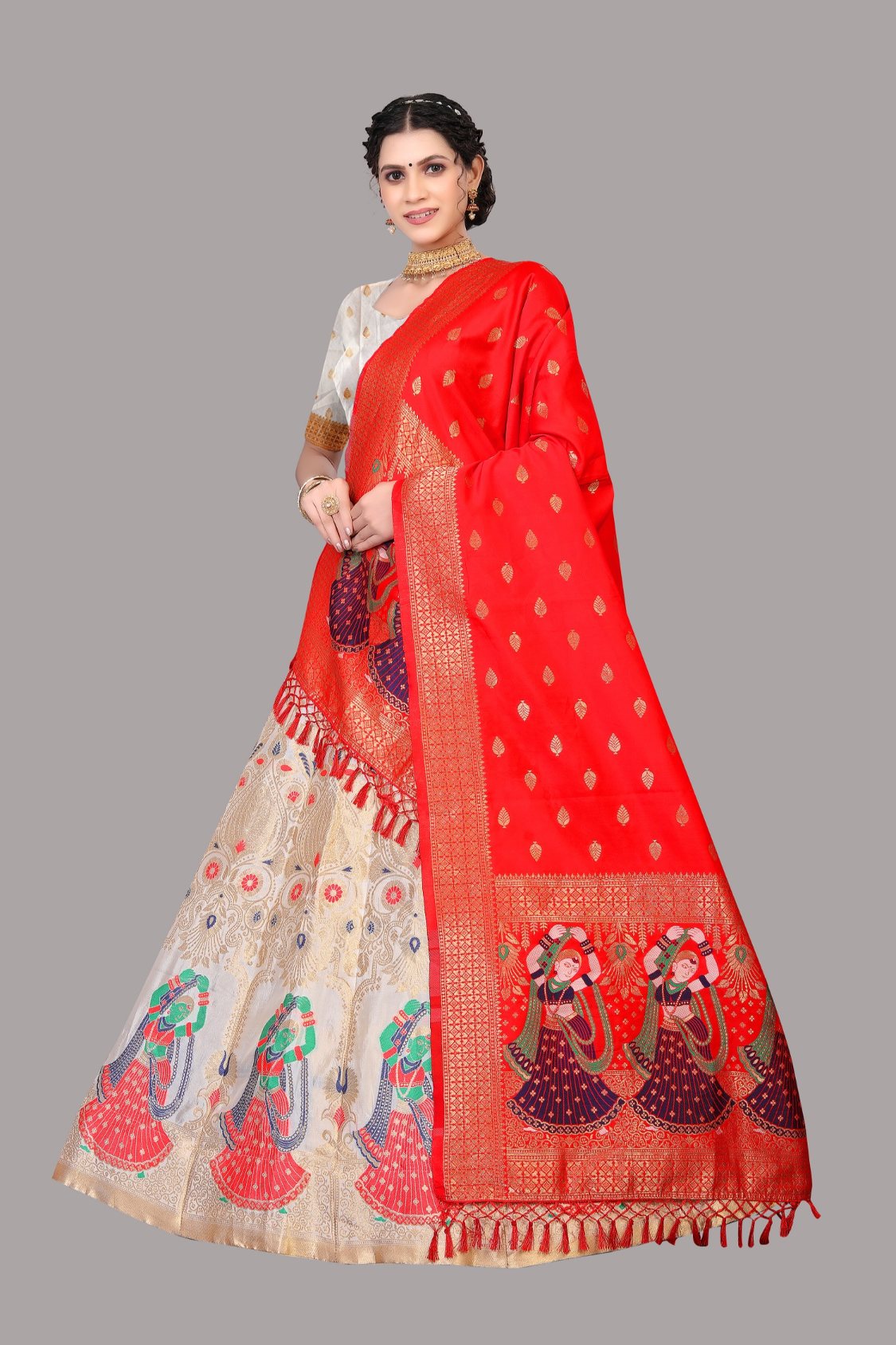 Jyoti Fashion Women's White Jacquard Zari Woven Designer Lehenga Choli Set - Distacart
