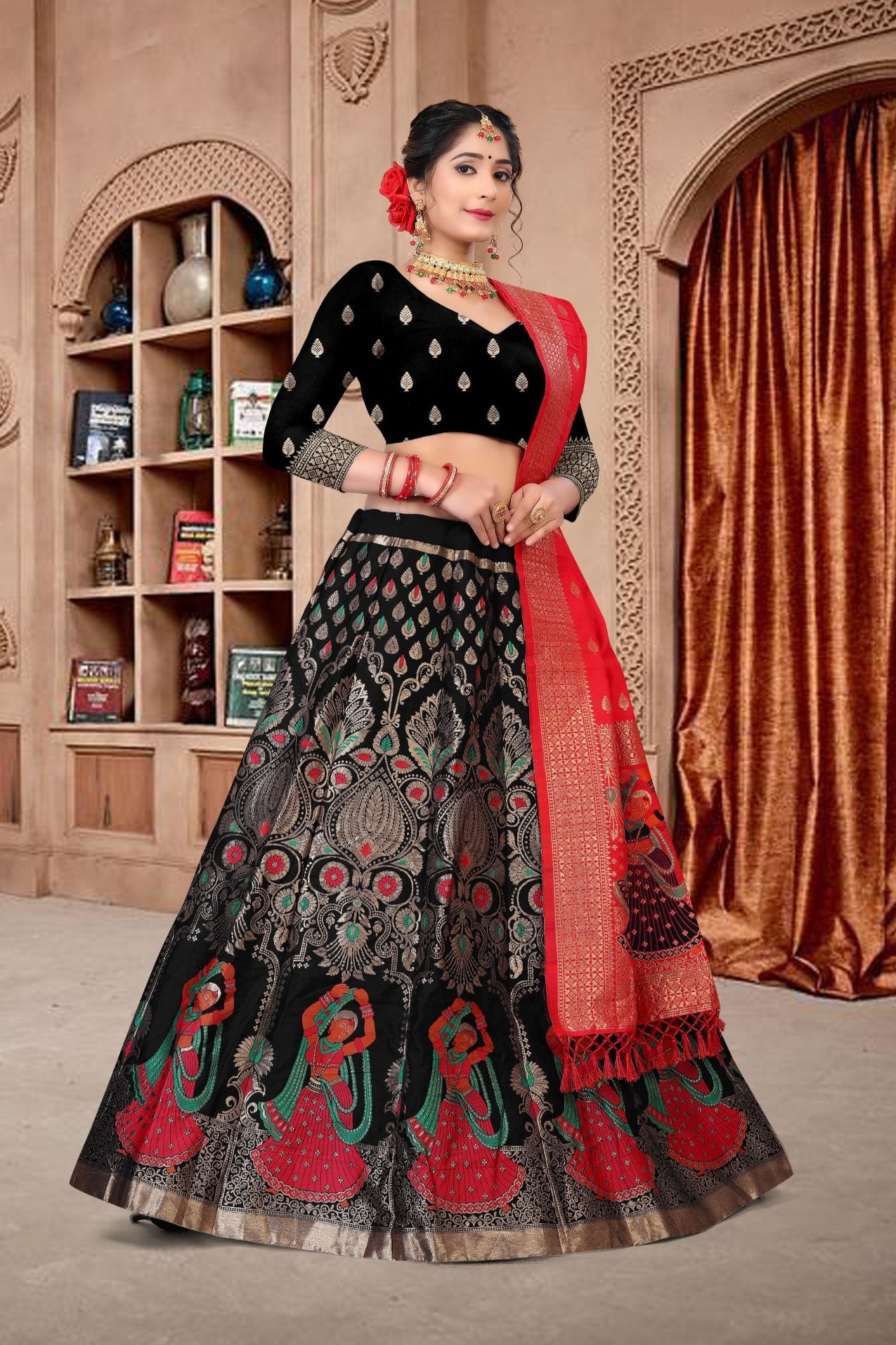 Jyoti Fashion Women's Black Jacquard Zari Woven Designer Lehenga Choli Set - Distacart