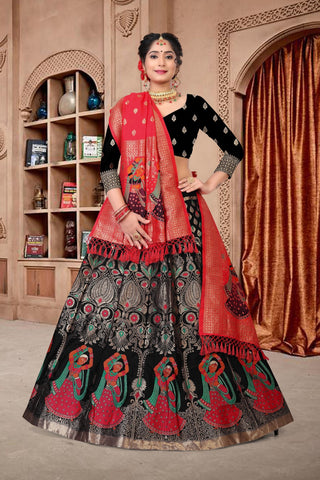 Jyoti Fashion Women's Black Jacquard Zari Woven Designer Lehenga Choli Set - Distacart
