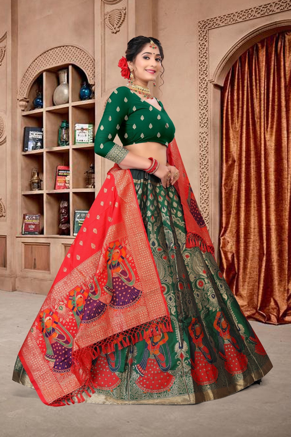 Jyoti Fashion Women's Dark Green Jacquard Zari Woven Designer Lehenga Choli Set - Distacart