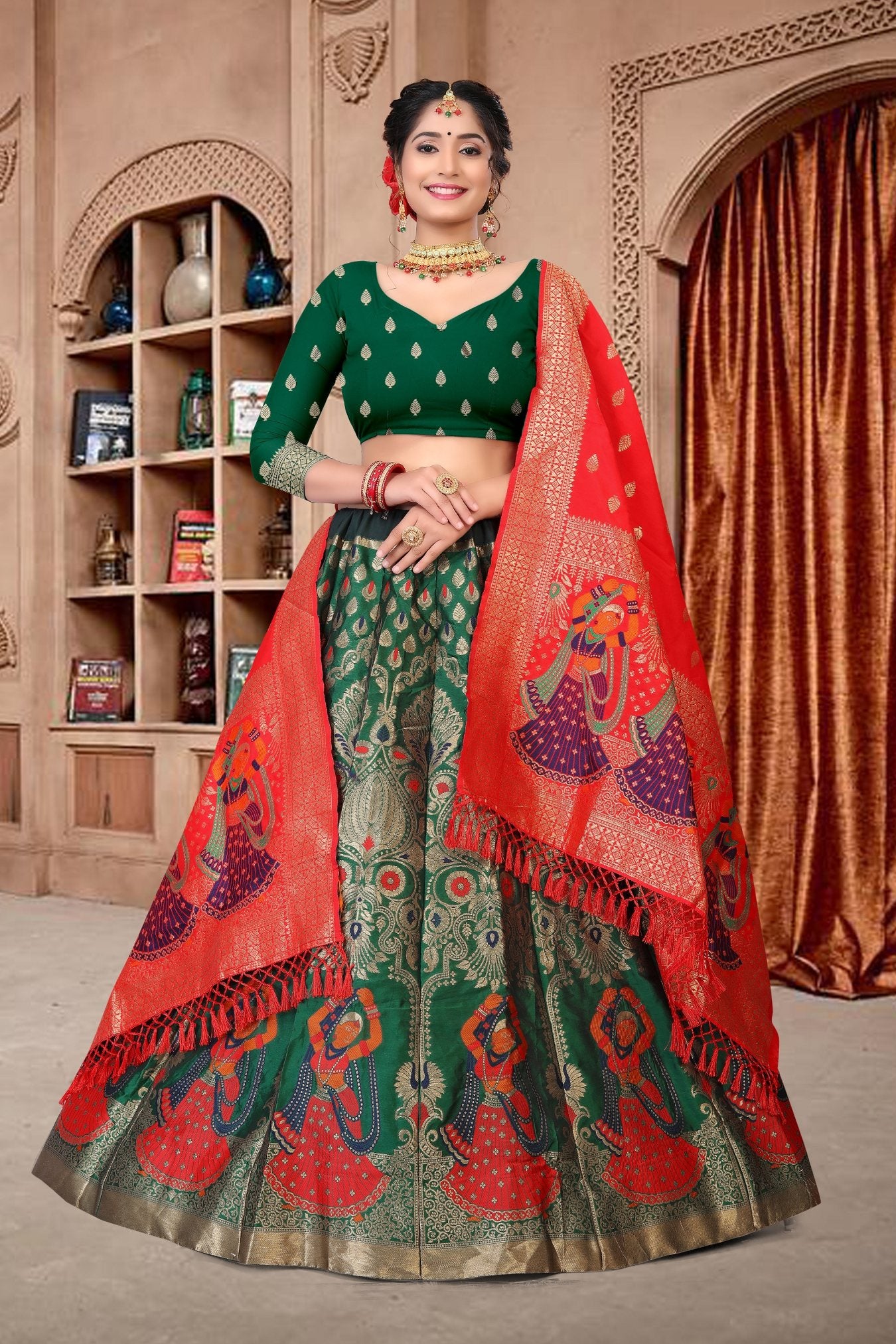 Jyoti Fashion Women's Dark Green Jacquard Zari Woven Designer Lehenga Choli Set - Distacart