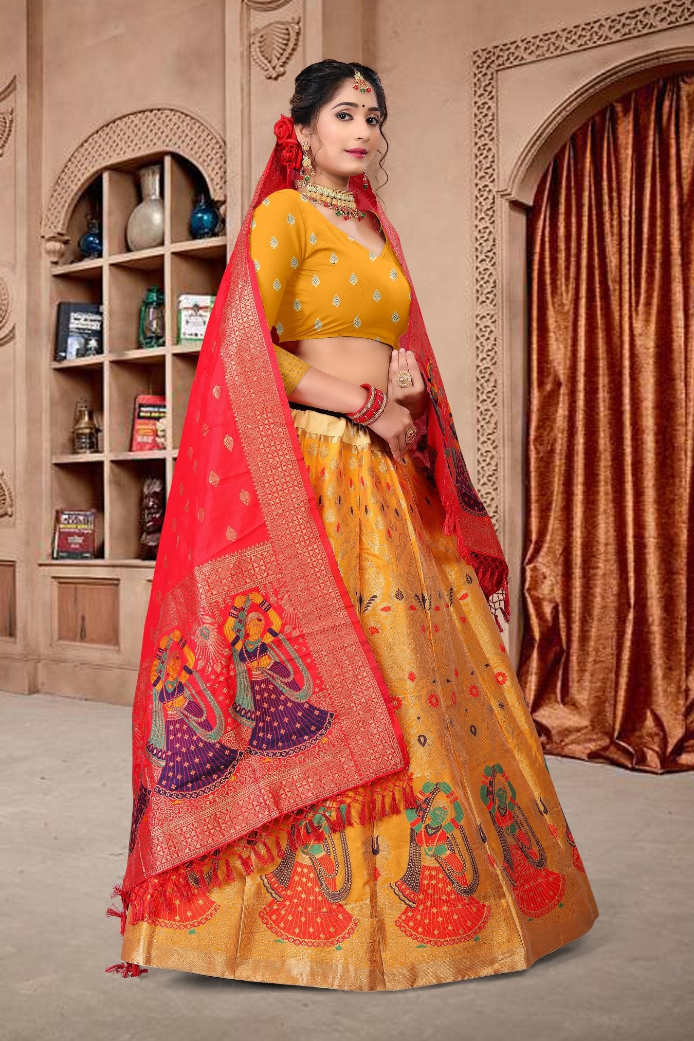 Jyoti Fashion Women's Yellow Jacquard Zari Woven Designer Lehenga Choli Set - Distacart