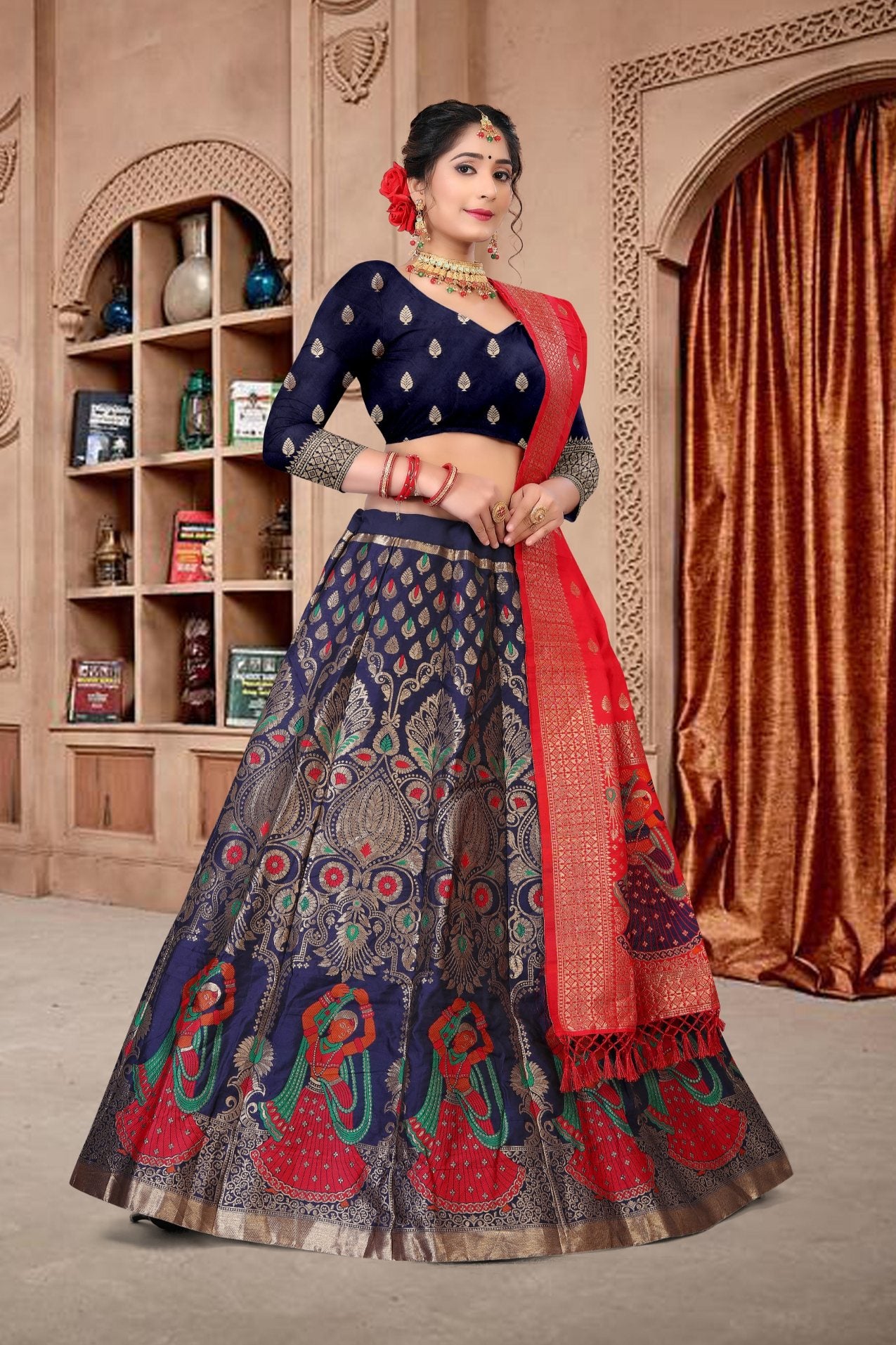 Jyoti Fashion Women's Navy Blue Jacquard Zari Woven Designer Lehenga Choli Set - Distacart