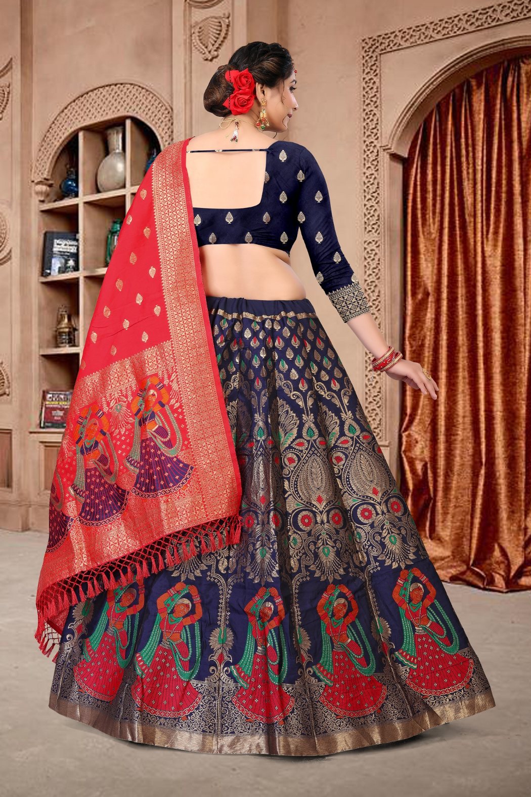 Jyoti Fashion Women's Navy Blue Jacquard Zari Woven Designer Lehenga Choli Set - Distacart