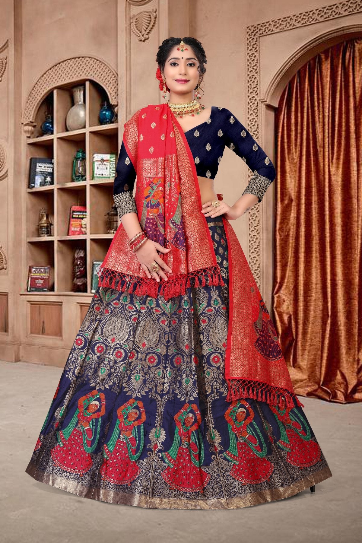 Jyoti Fashion Women's Navy Blue Jacquard Zari Woven Designer Lehenga Choli Set - Distacart