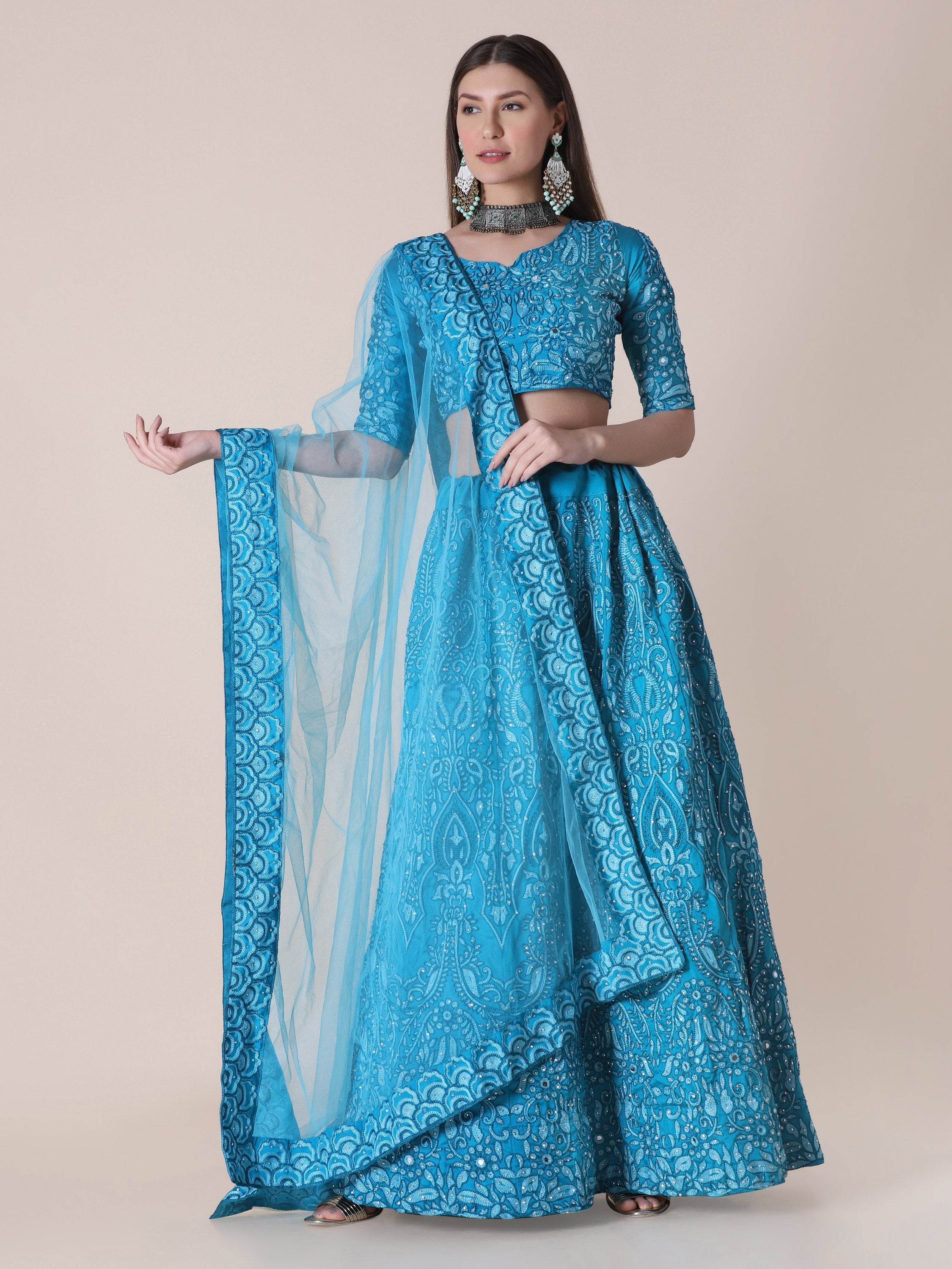 Jyoti Fashion Women's Sky Blue Taffeta Silk Thread Embroidered Designer Lehenga Choli Set - Distacart