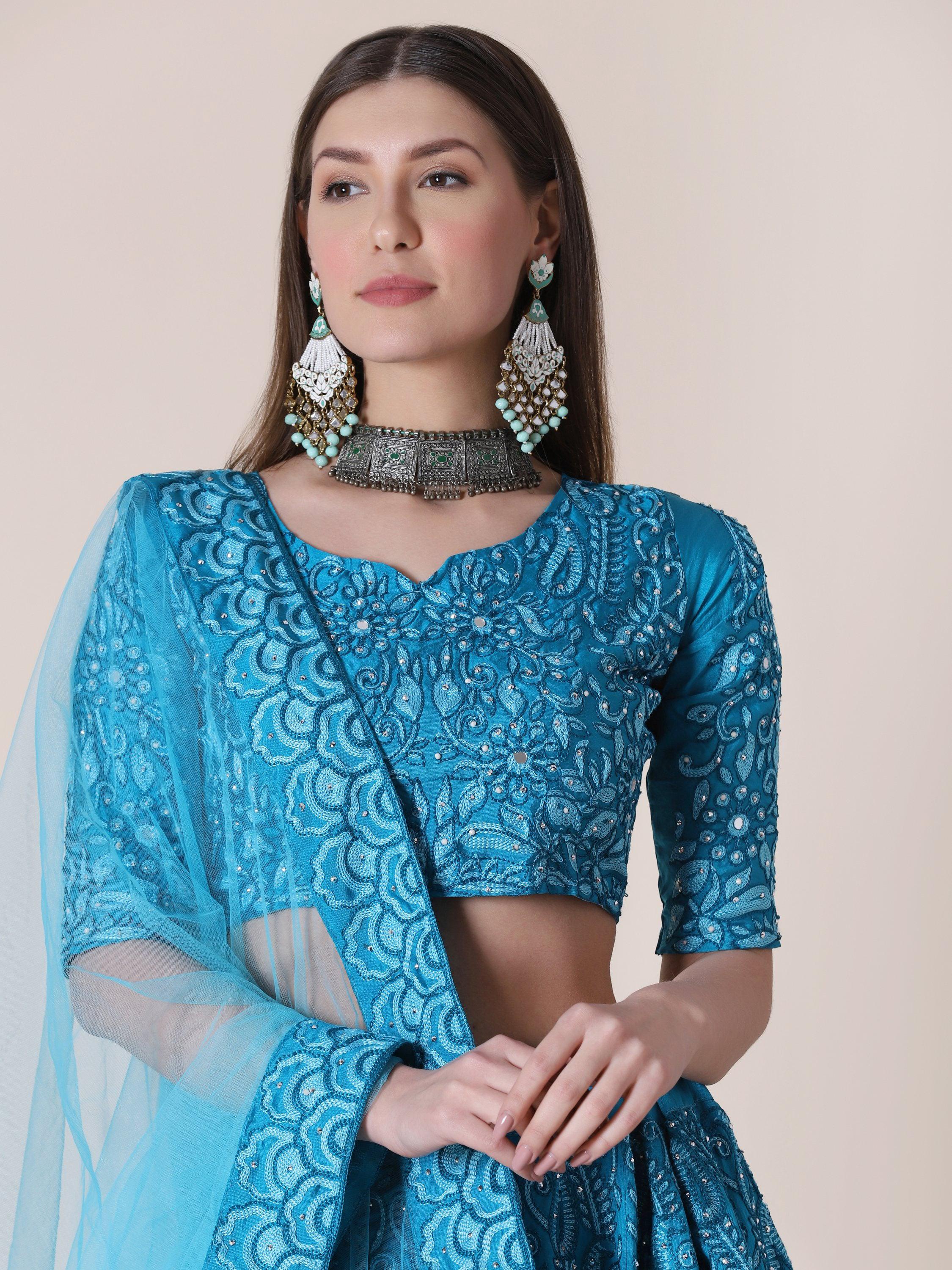Jyoti Fashion Women's Sky Blue Taffeta Silk Thread Embroidered Designer Lehenga Choli Set - Distacart