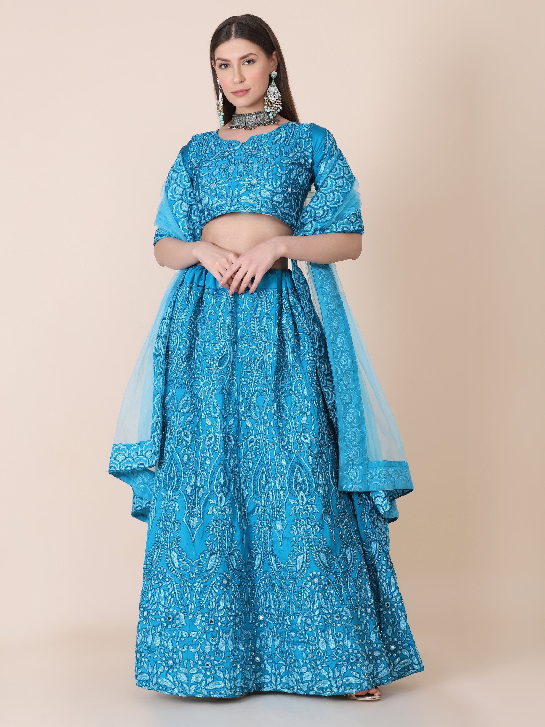 Jyoti Fashion Women's Sky Blue Taffeta Silk Thread Embroidered Designer Lehenga Choli Set - Distacart