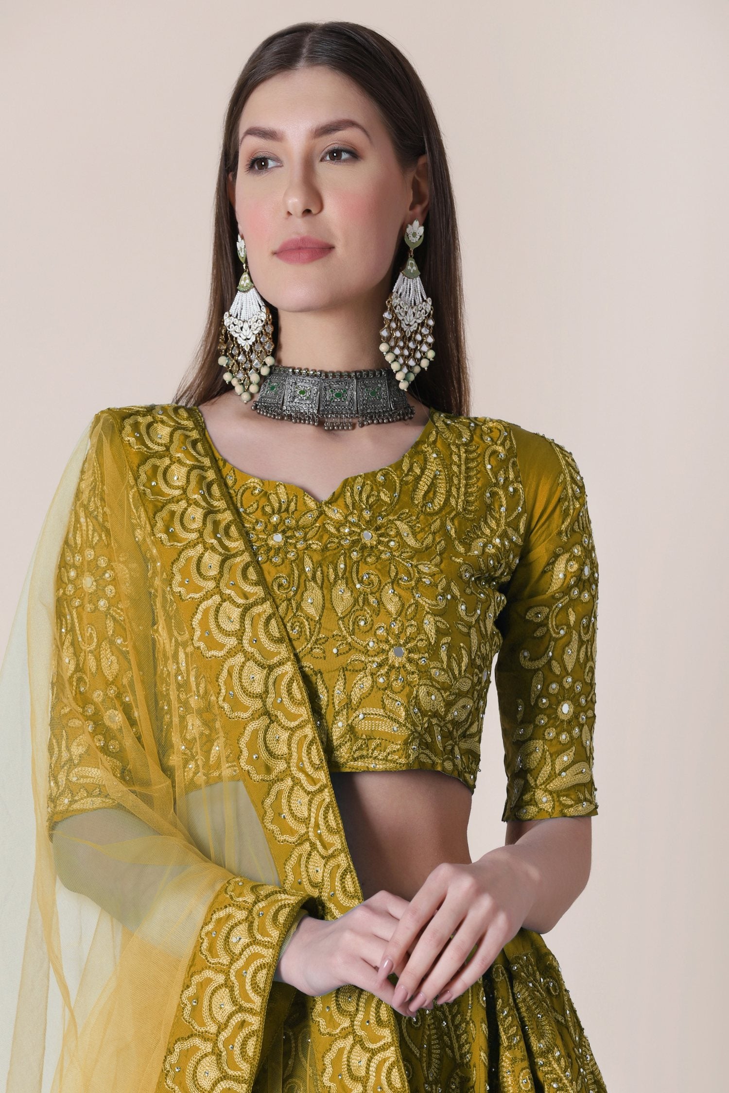 Jyoti Fashion Women's Mustard Taffeta Silk Thread Embroidered Designer Lehenga Choli Set - Distacart