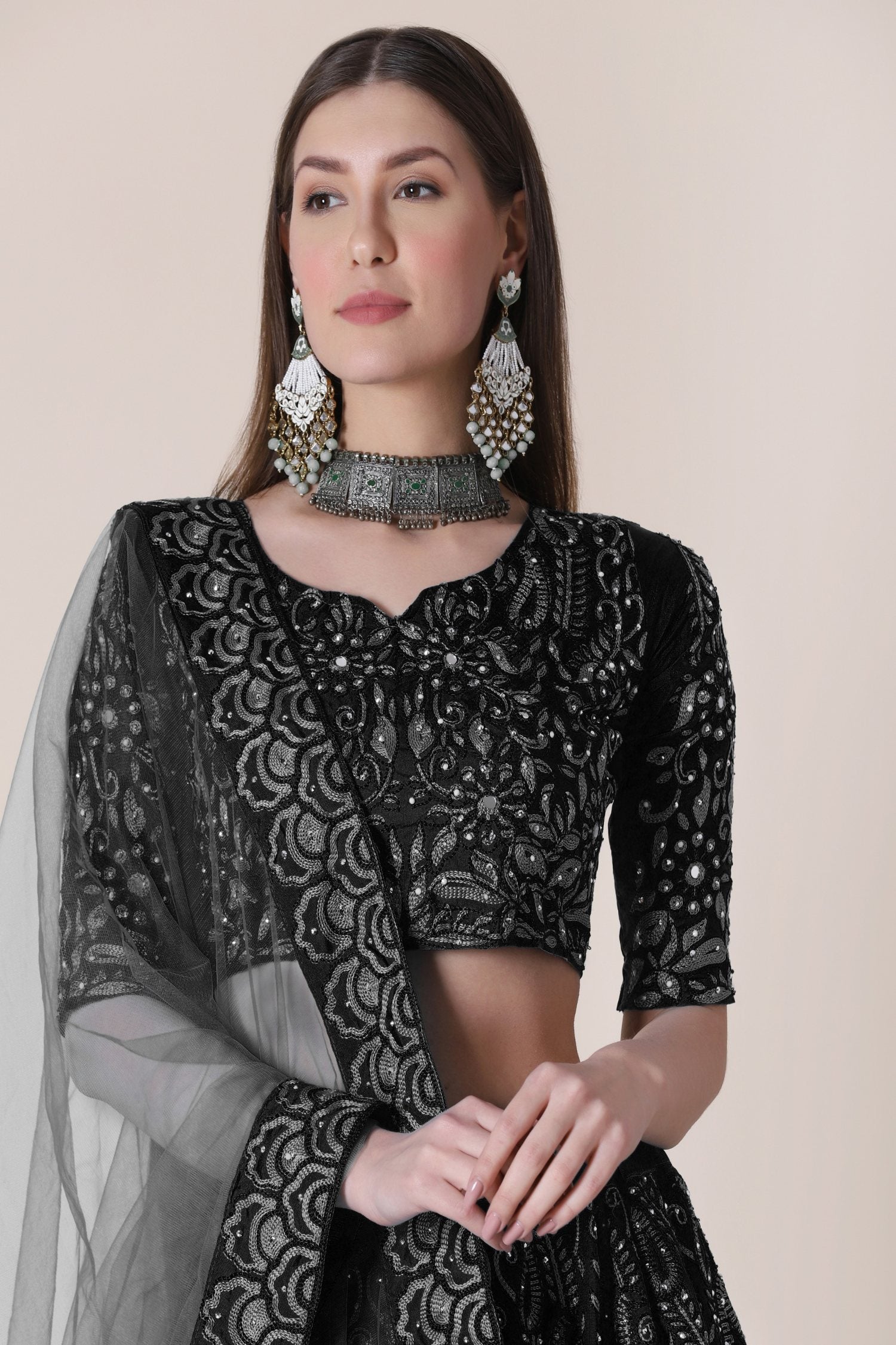 Jyoti Fashion Women's Black Taffeta Silk Thread Embroidered Designer Lehenga Choli Set - Distacart