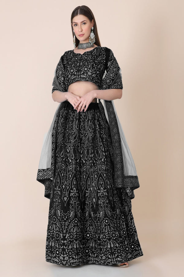 Jyoti Fashion Women's Black Taffeta Silk Thread Embroidered Designer Lehenga Choli Set - Distacart