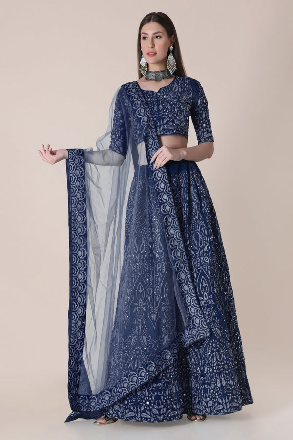 Jyoti Fashion Women's Navy Blue Taffeta Silk Thread Embroidered Designer Lehenga Choli Set - Distacart