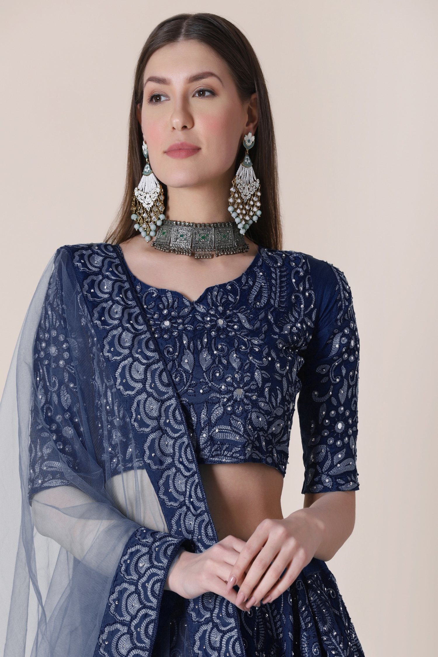 Jyoti Fashion Women's Navy Blue Taffeta Silk Thread Embroidered Designer Lehenga Choli Set - Distacart