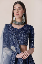 Thumbnail for Jyoti Fashion Women's Navy Blue Taffeta Silk Thread Embroidered Designer Lehenga Choli Set - Distacart