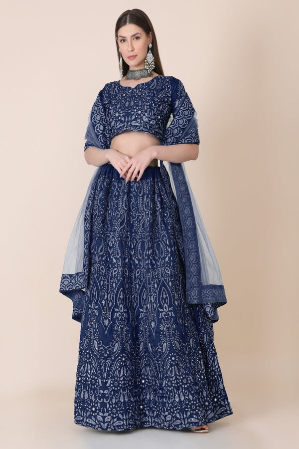 Jyoti Fashion Women's Navy Blue Taffeta Silk Thread Embroidered Designer Lehenga Choli Set - Distacart