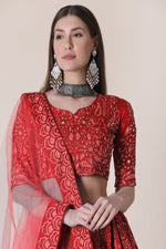 Thumbnail for Jyoti Fashion Women's Red Taffeta Silk Thread Embroidered Designer Lehenga Choli Set - Distacart