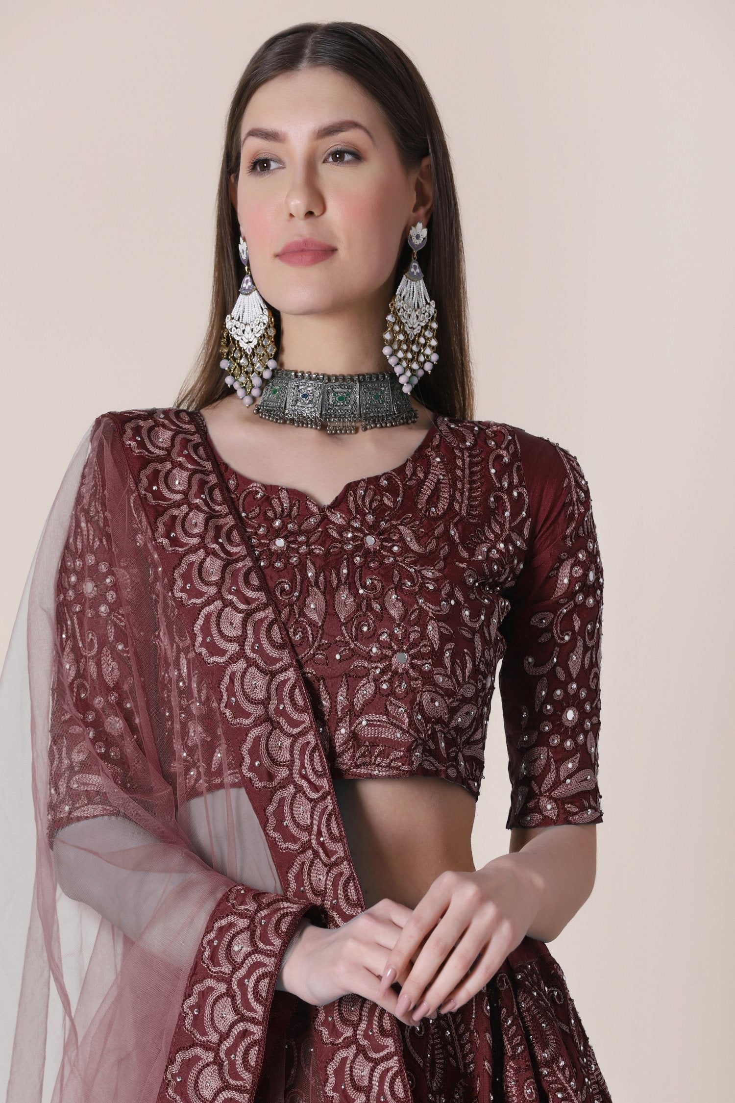 Jyoti Fashion Women's Maroon Taffeta Silk Thread Embroidered Designer Lehenga Choli Set - Distacart