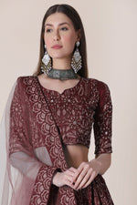 Thumbnail for Jyoti Fashion Women's Maroon Taffeta Silk Thread Embroidered Designer Lehenga Choli Set - Distacart