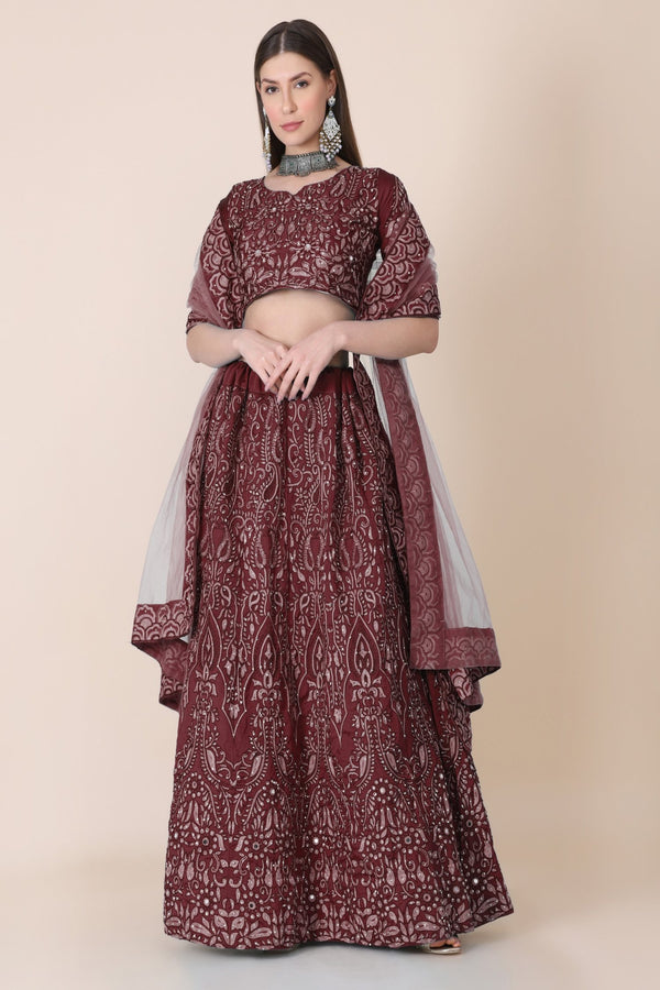Jyoti Fashion Women's Maroon Taffeta Silk Thread Embroidered Designer Lehenga Choli Set - Distacart