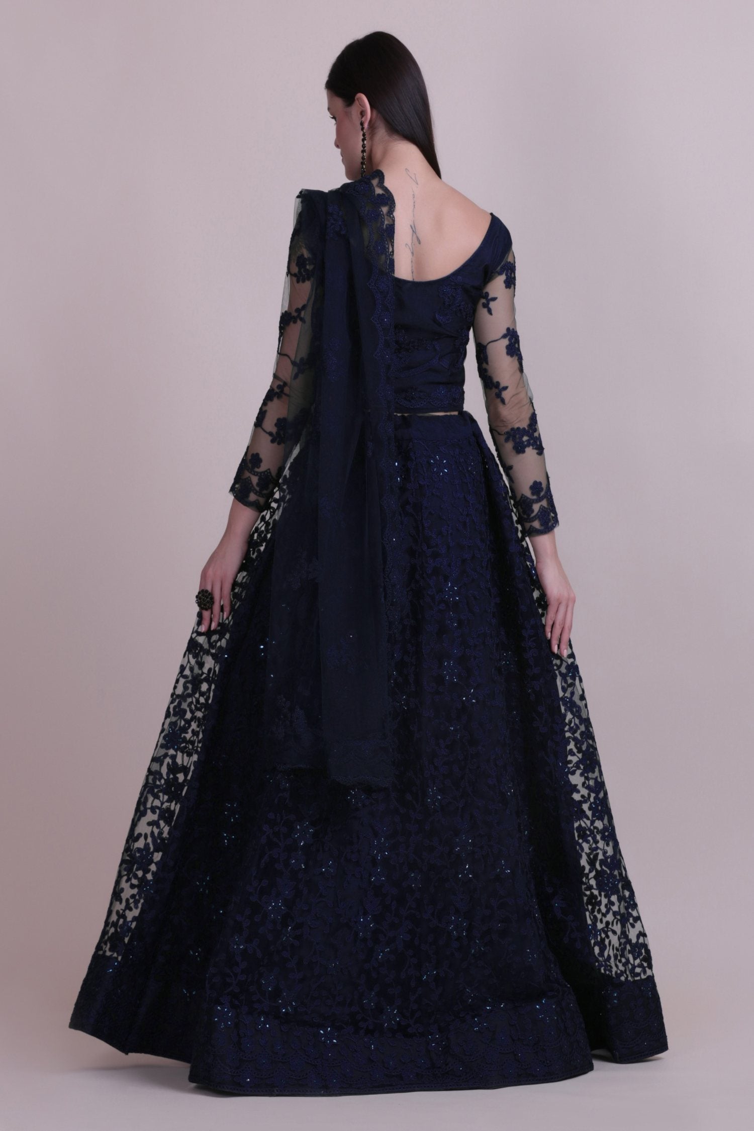 Jyoti Fashion Women's Navy Blue Net Thread Embroidered Designer Lehenga Choli Set - Distacart