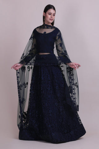 Jyoti Fashion Women's Navy Blue Net Thread Embroidered Designer Lehenga Choli Set - Distacart