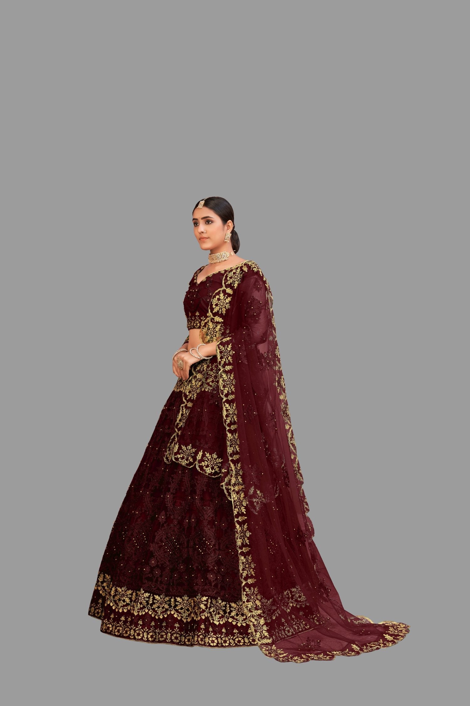 Jyoti Fashion Women's Maroon Net Thread Embroidered Designer Lehenga Choli Set - Distacart
