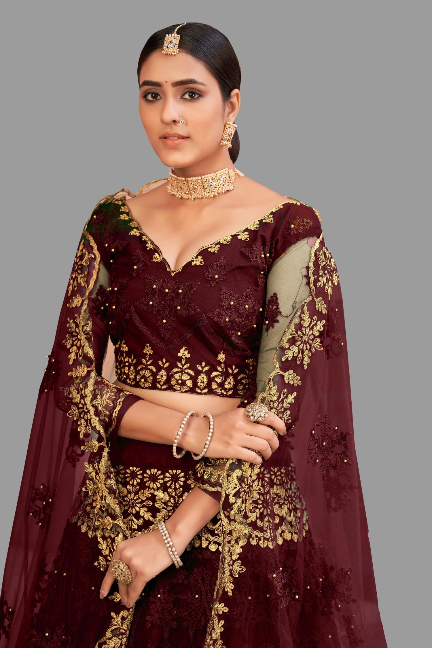 Jyoti Fashion Women's Maroon Net Thread Embroidered Designer Lehenga Choli Set - Distacart