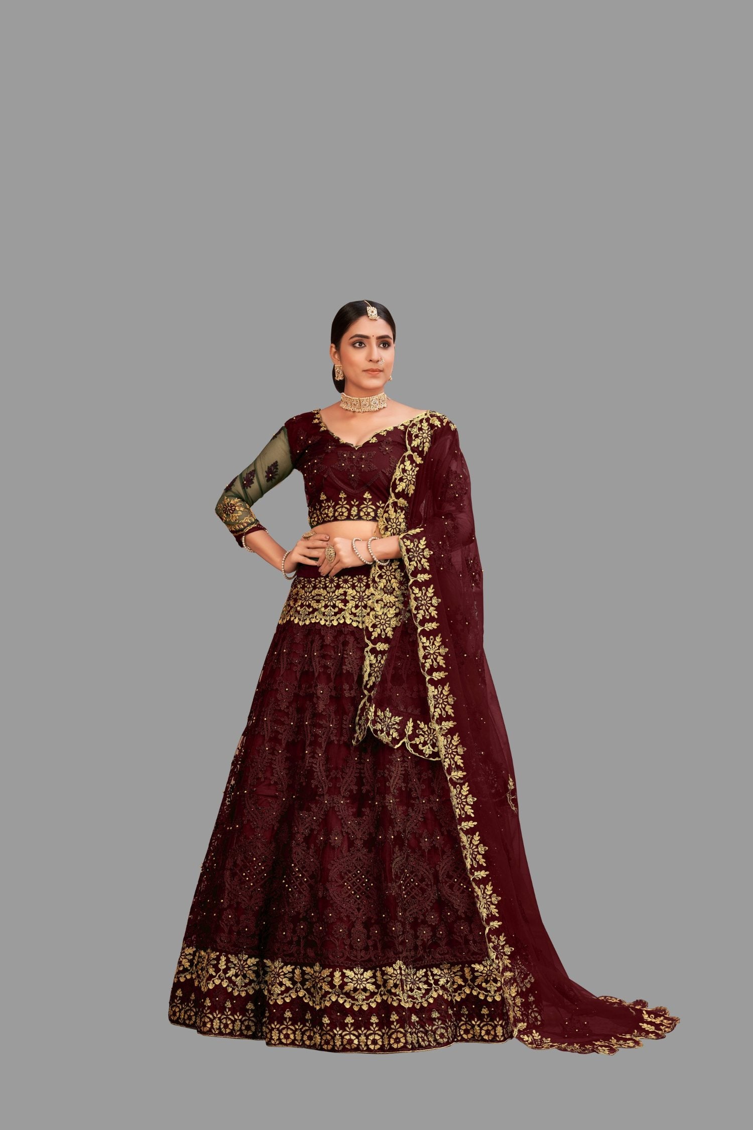 Jyoti Fashion Women's Maroon Net Thread Embroidered Designer Lehenga Choli Set - Distacart