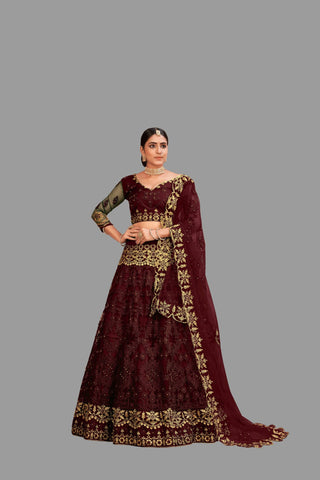 Jyoti Fashion Women's Maroon Net Thread Embroidered Designer Lehenga Choli Set - Distacart