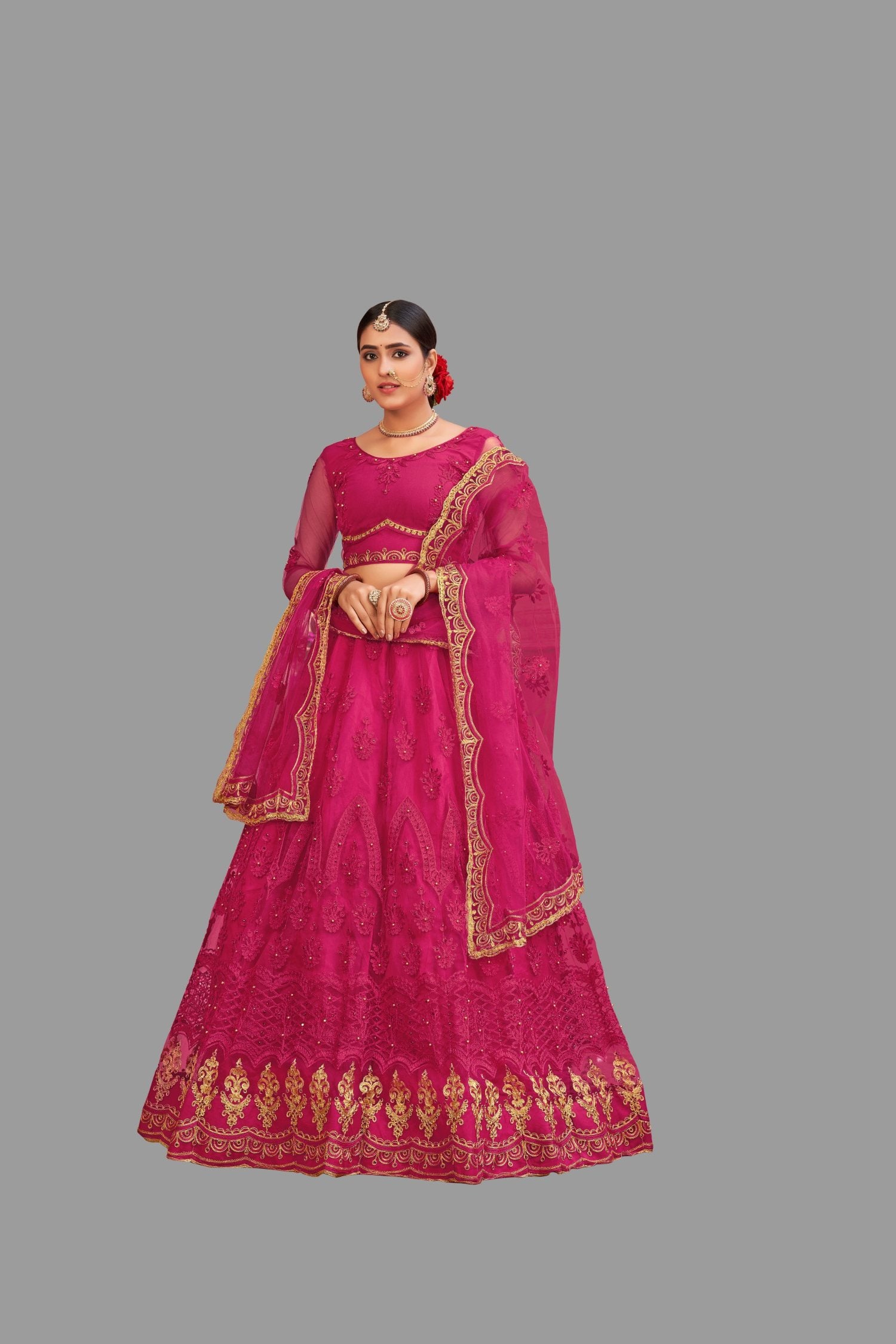 Jyoti Fashion Women's Pink Net Thread Embroidered Designer Lehenga Choli Set - Distacart