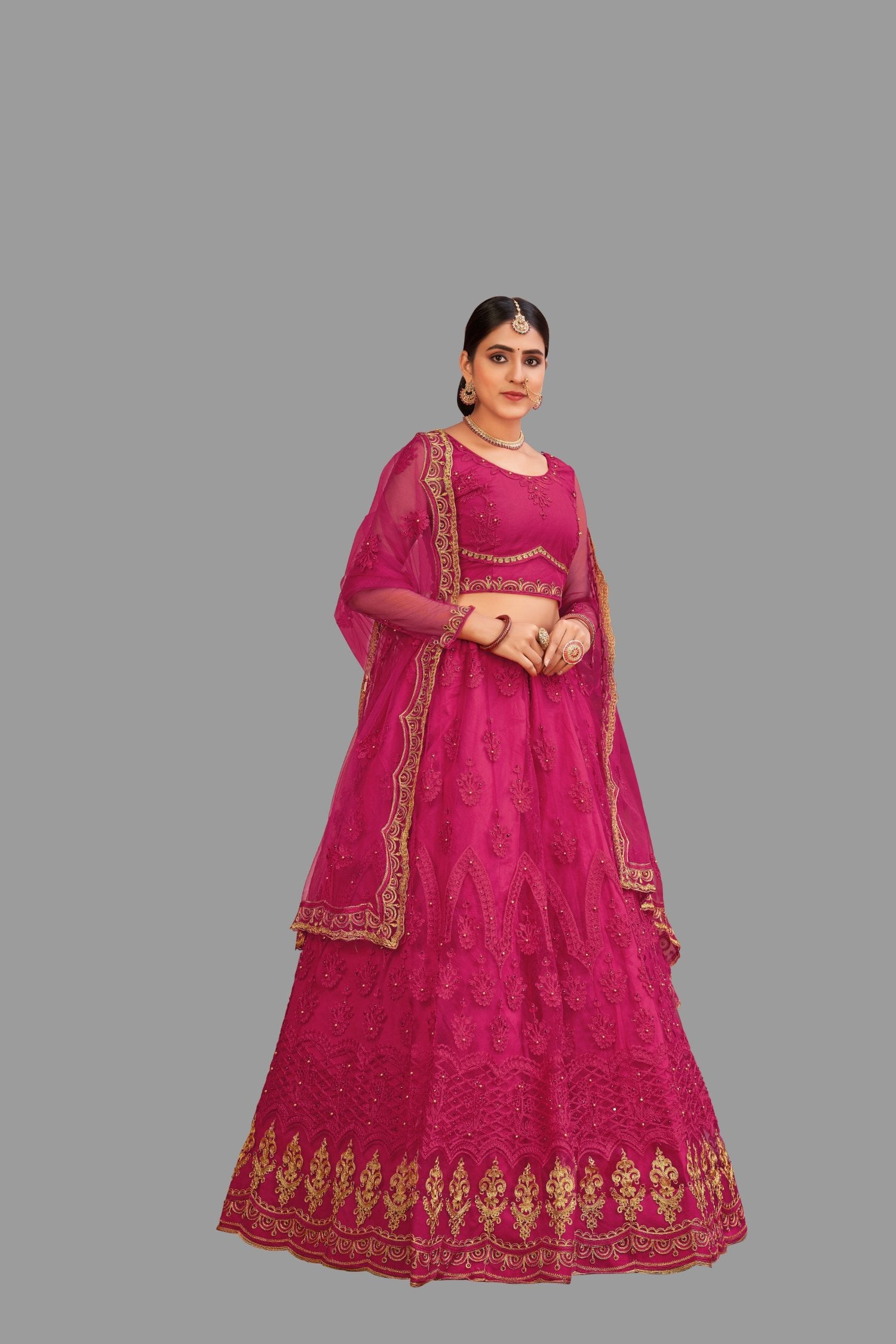 Jyoti Fashion Women's Pink Net Thread Embroidered Designer Lehenga Choli Set - Distacart