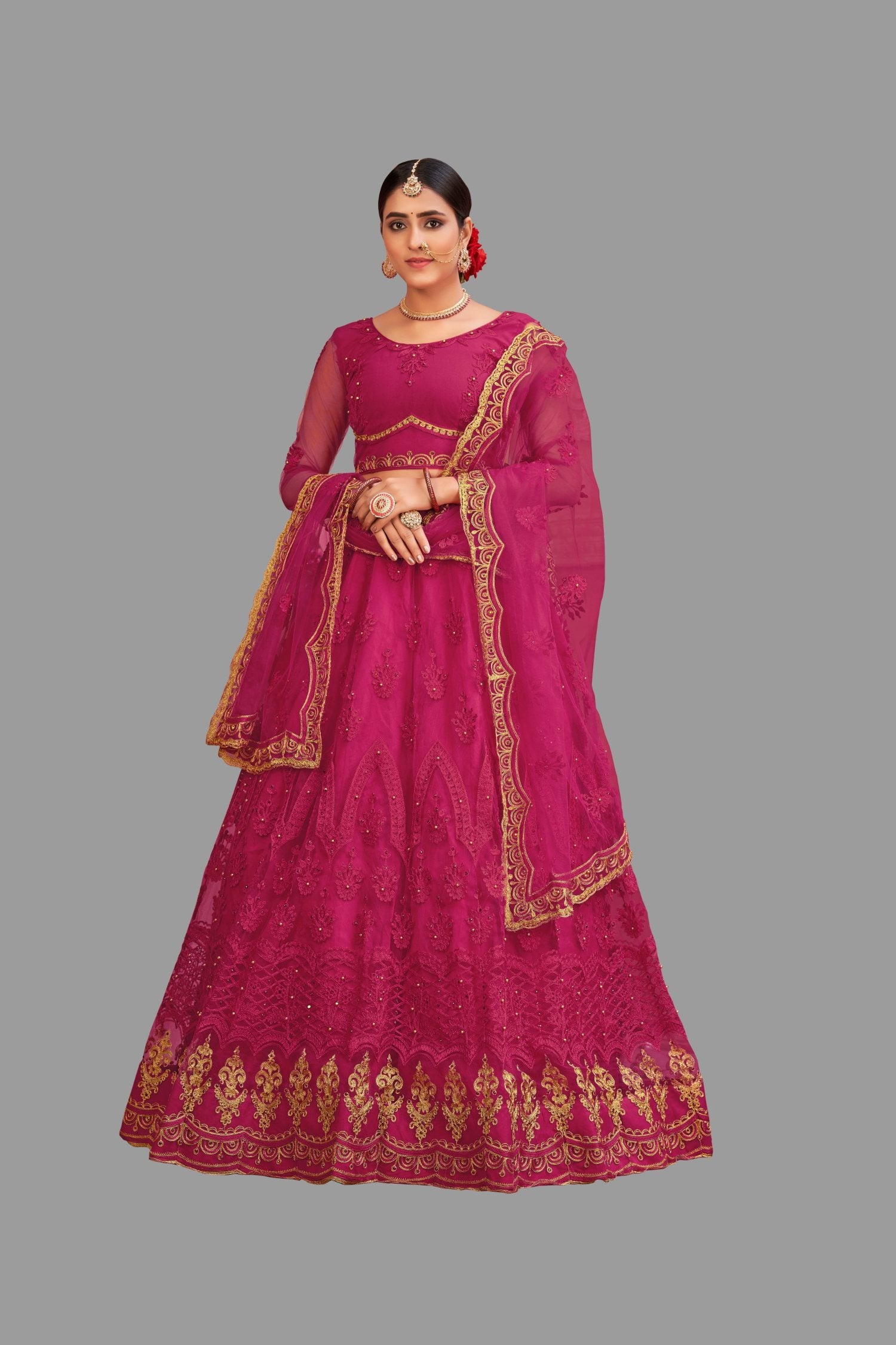 Jyoti Fashion Women's Pink Net Thread Embroidered Designer Lehenga Choli Set - Distacart