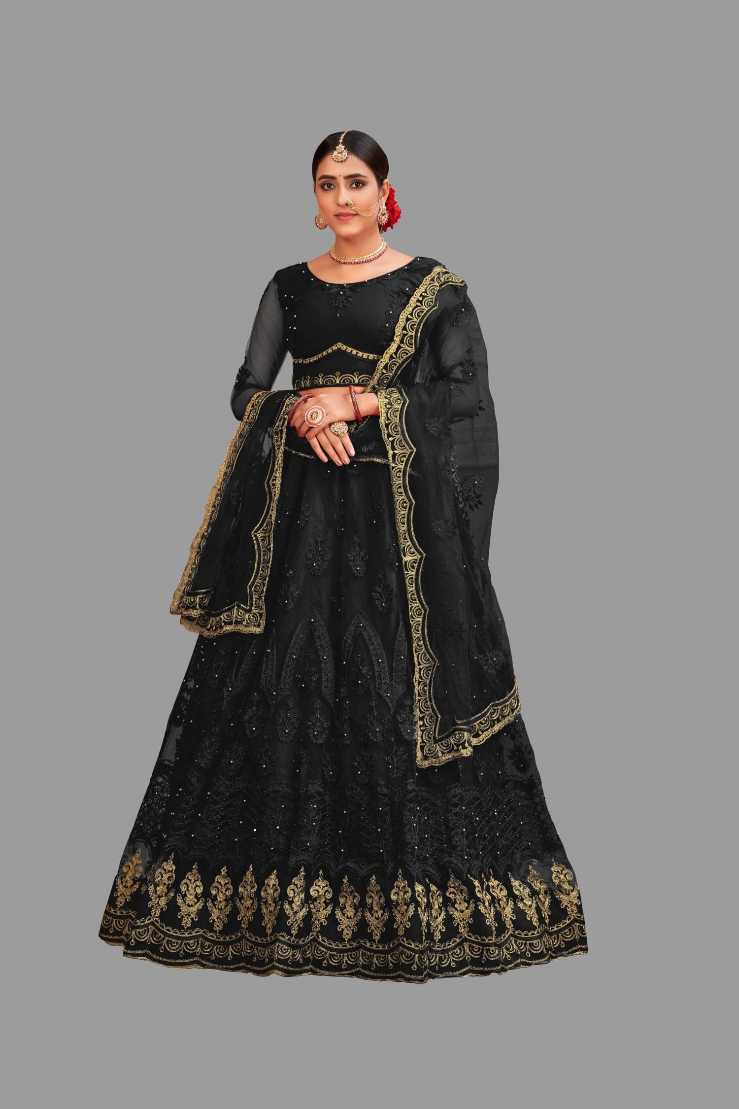 Jyoti Fashion Women's Black Net Thread Embroidered Designer Lehenga Choli Set - Distacart