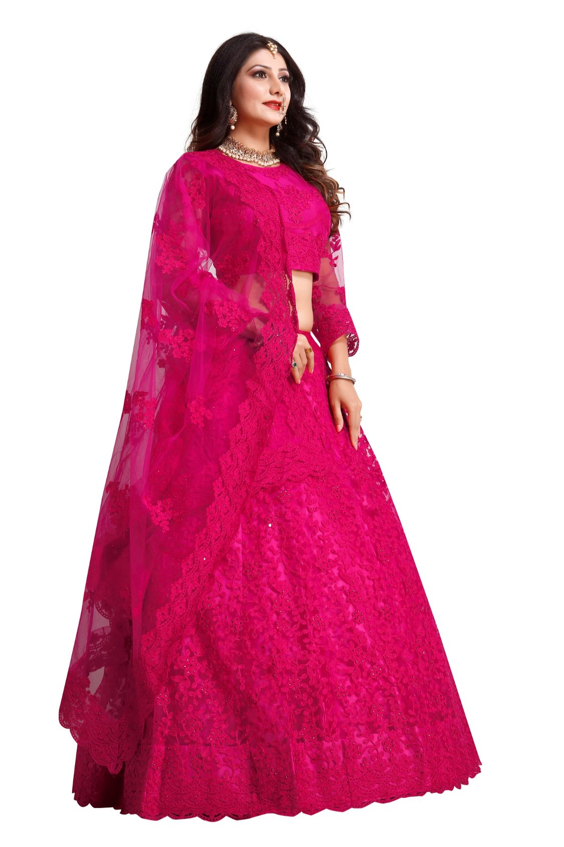 Jyoti Fashion Women's Dark Pink Net Thread Embroidered Designer Lehenga Choli Set - Distacart