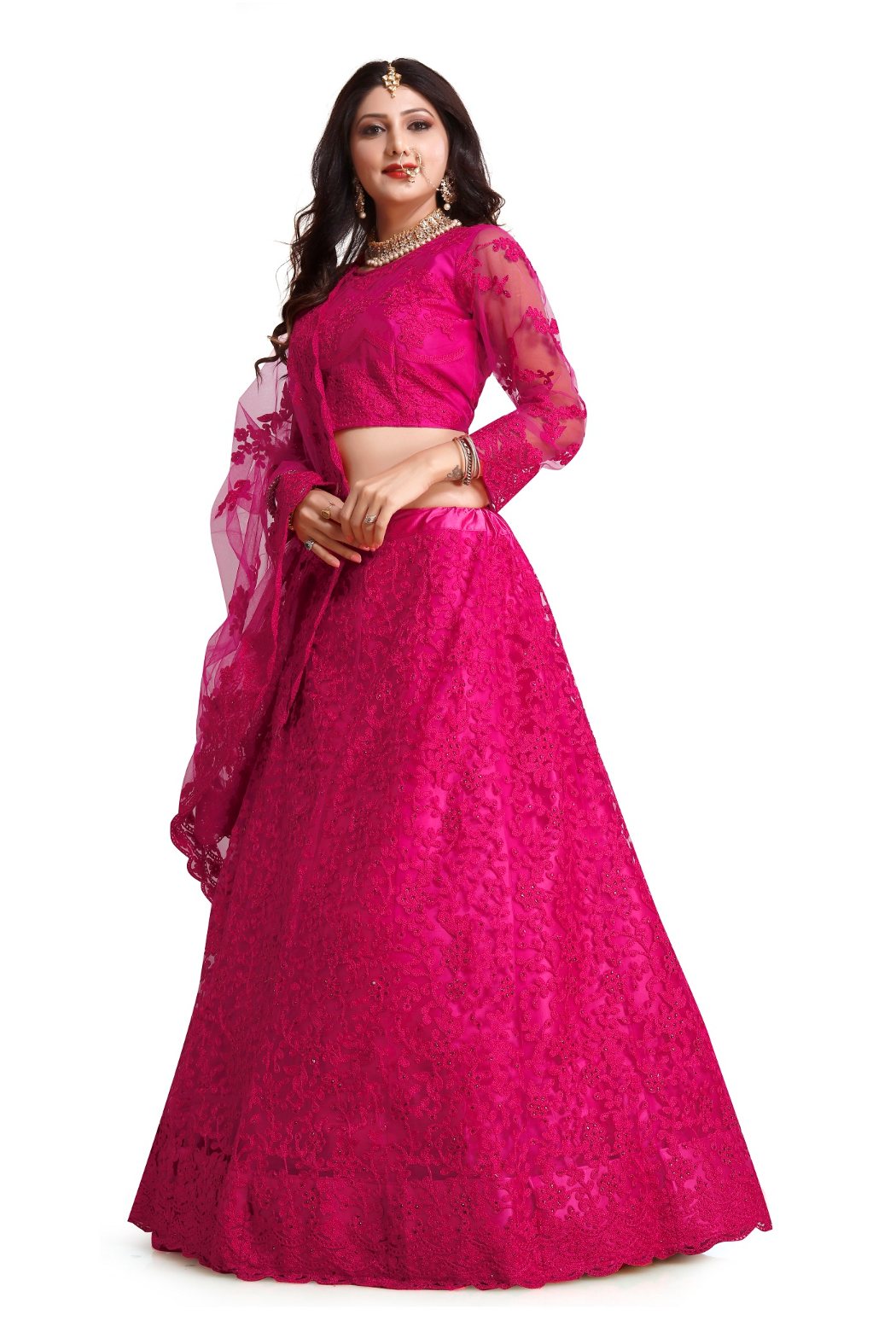 Jyoti Fashion Women's Dark Pink Net Thread Embroidered Designer Lehenga Choli Set - Distacart