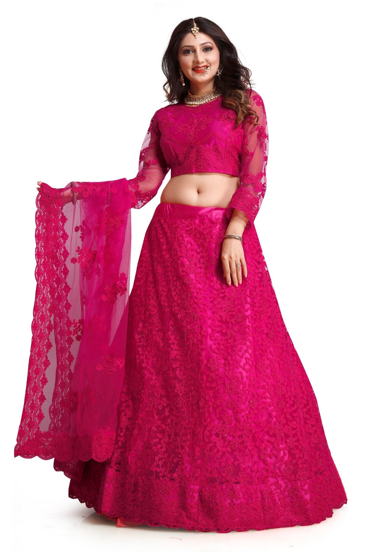 Jyoti Fashion Women's Dark Pink Net Thread Embroidered Designer Lehenga Choli Set - Distacart