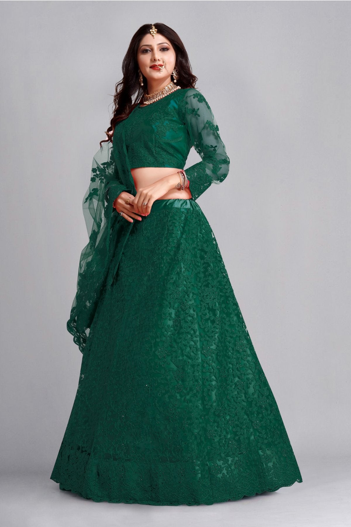 Jyoti Fashion Women's Dark Green Net Thread Embroidered Designer Lehenga Choli Set - Distacart
