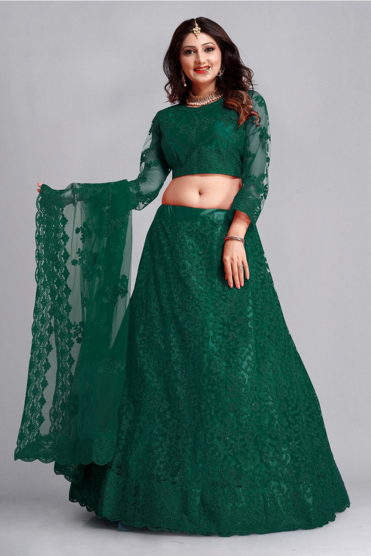 Jyoti Fashion Women's Dark Green Net Thread Embroidered Designer Lehenga Choli Set - Distacart