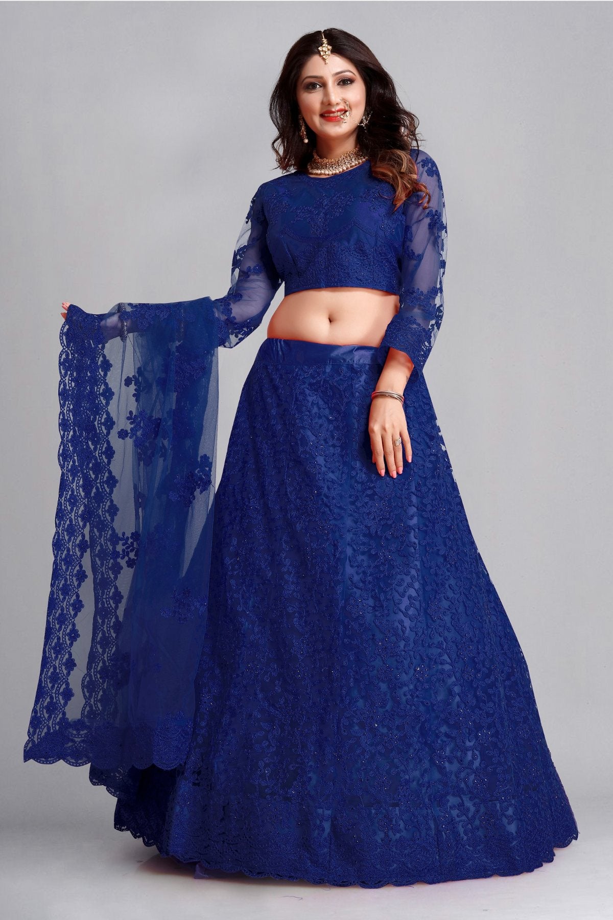 Jyoti Fashion Women's Blue Net Thread Embroidered Designer Lehenga Choli Set - Distacart