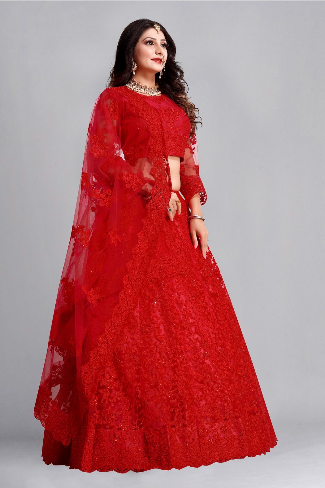 Jyoti Fashion Women's Red Net Thread Embroidered Designer Lehenga Choli Set - Distacart