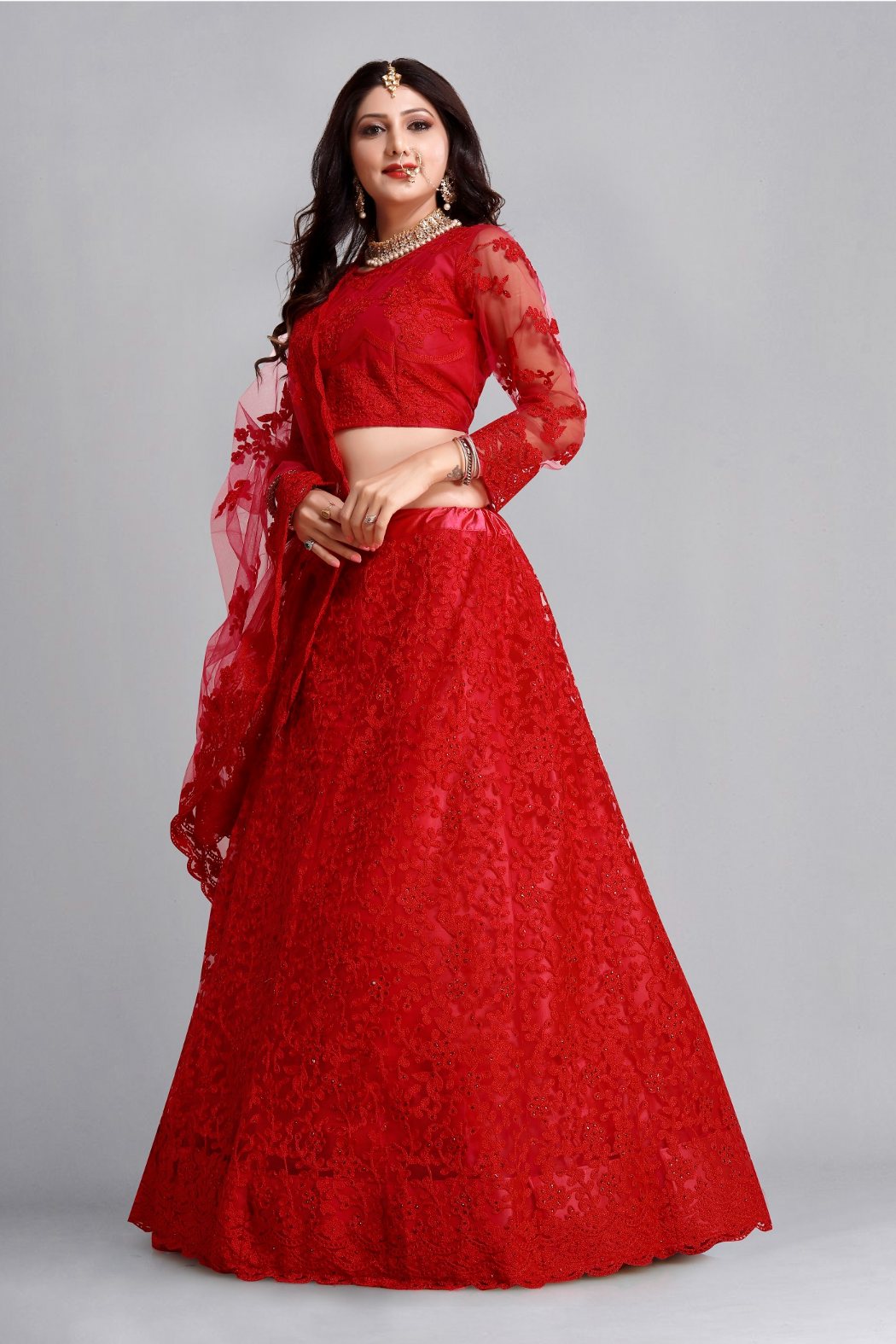 Jyoti Fashion Women's Red Net Thread Embroidered Designer Lehenga Choli Set - Distacart