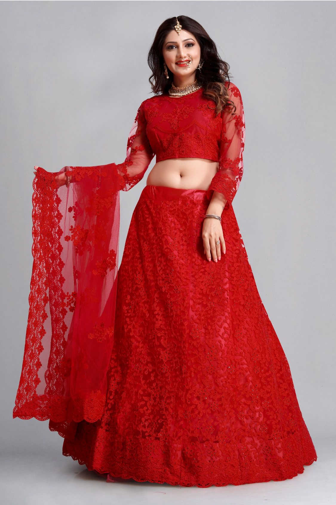 Jyoti Fashion Women's Red Net Thread Embroidered Designer Lehenga Choli Set - Distacart