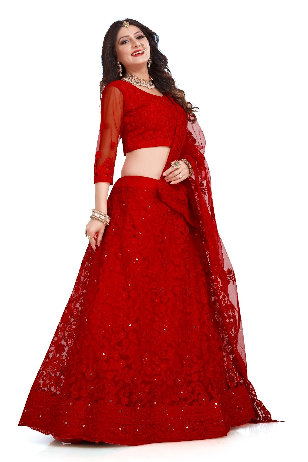 Jyoti Fashion Women's Red Net Thread Embroidered Designer Lehenga Choli Set - Distacart
