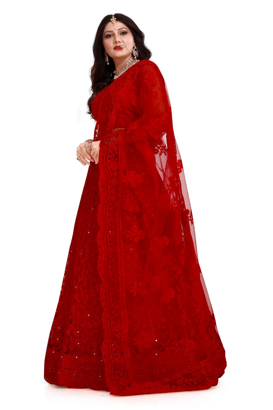 Jyoti Fashion Women's Red Net Thread Embroidered Designer Lehenga Choli Set - Distacart