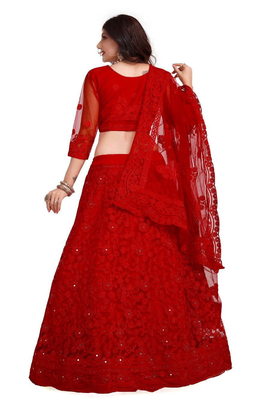 Jyoti Fashion Women's Red Net Thread Embroidered Designer Lehenga Choli Set - Distacart