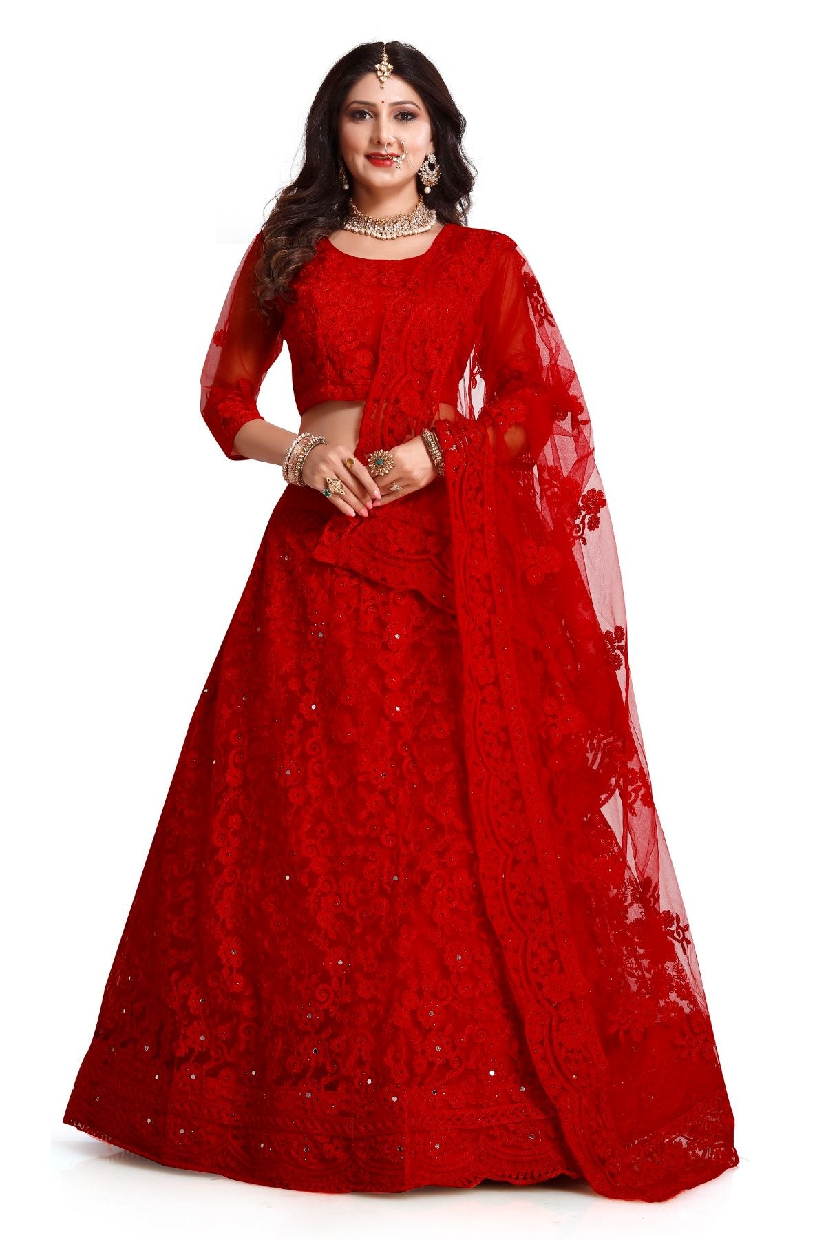 Jyoti Fashion Women's Red Net Thread Embroidered Designer Lehenga Choli Set - Distacart