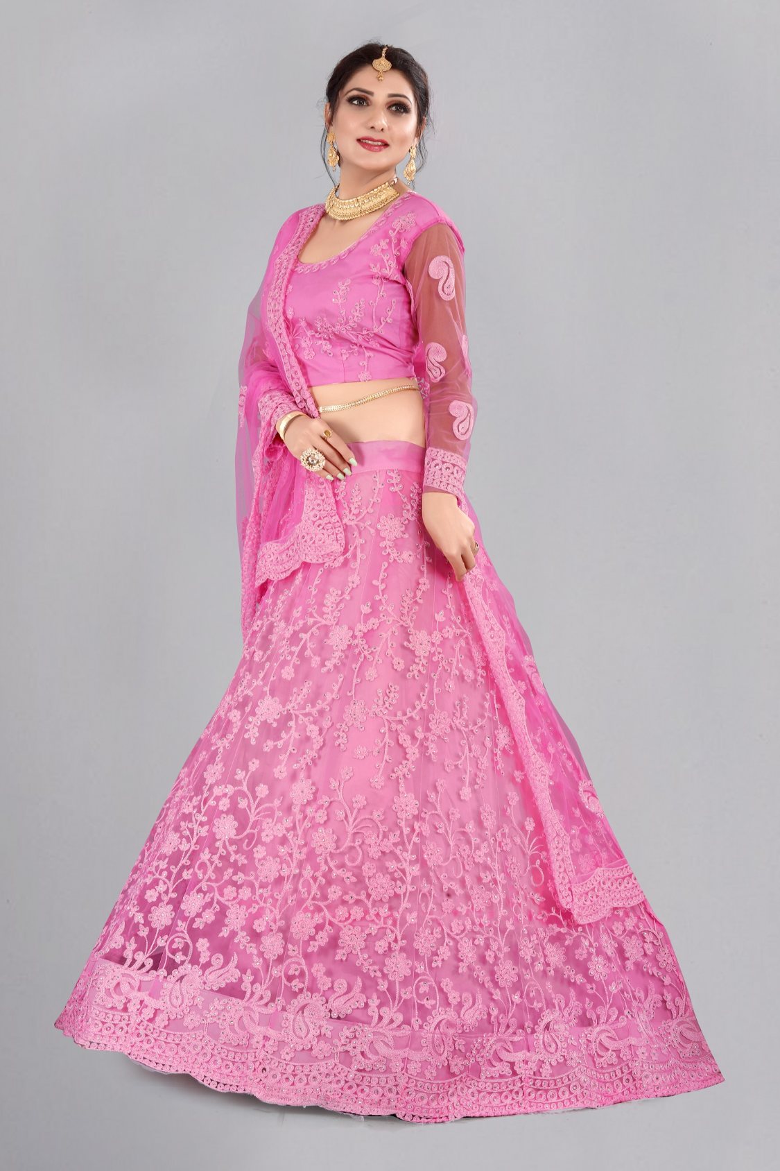 Jyoti Fashion Women's Baby Pink Net Thread Embroidered Designer Lehenga Choli Set - Distacart