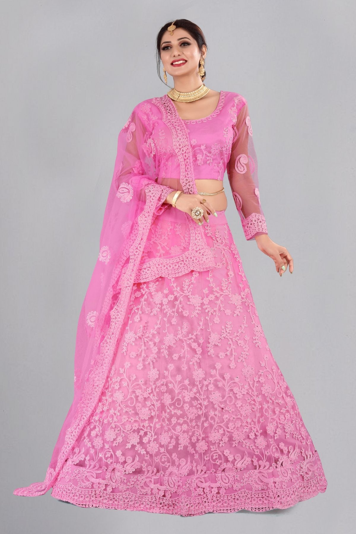 Jyoti Fashion Women's Baby Pink Net Thread Embroidered Designer Lehenga Choli Set - Distacart