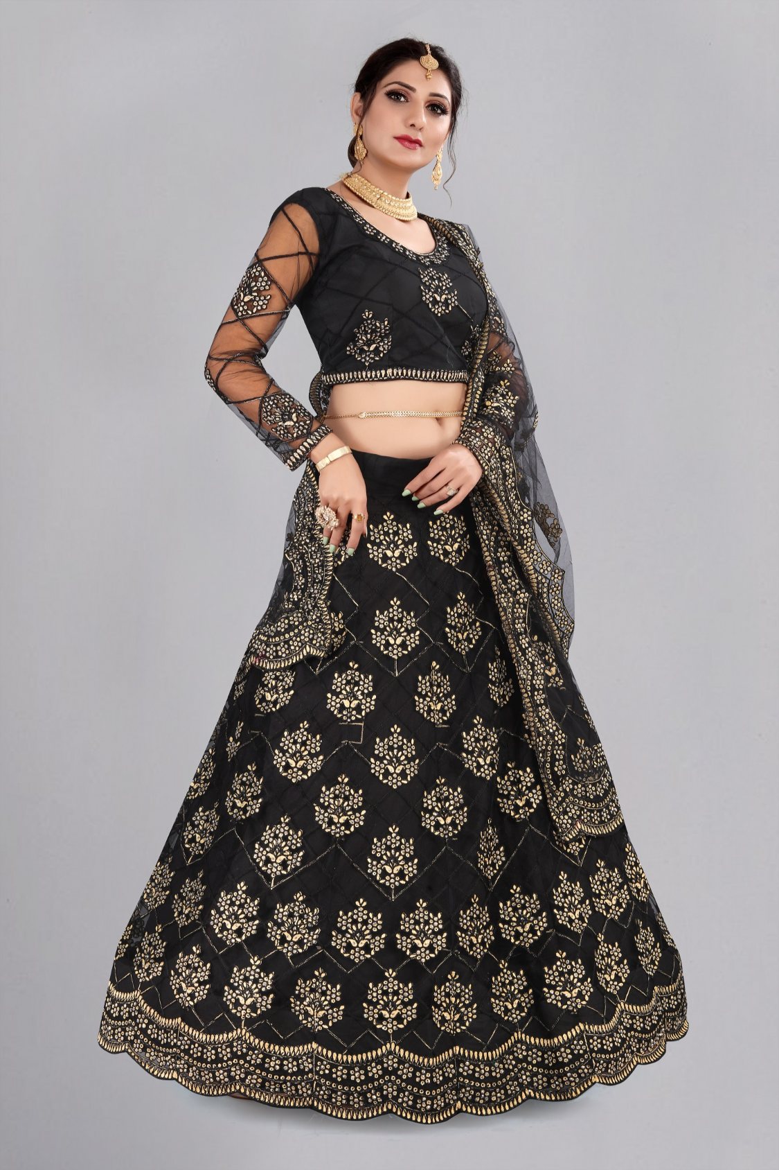 Jyoti Fashion Women's Black Net Thread Embroidered Designer Lehenga Choli Set - Distacart